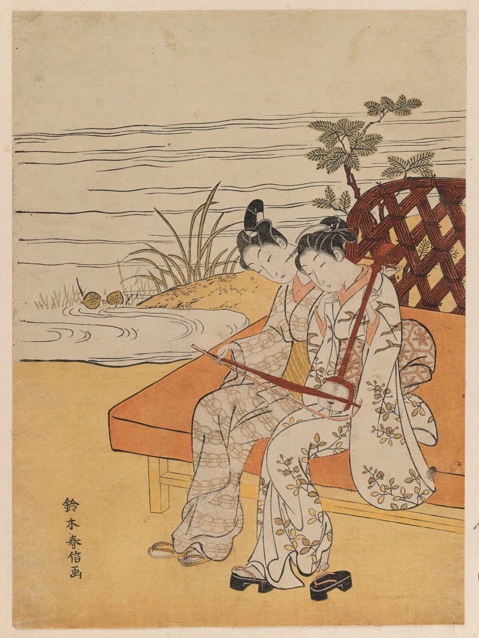 漫步Kokyu球员，1765（彩色木版画） 作者 铃木春信