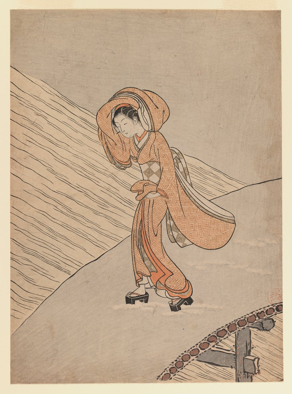 雪后过桥的年轻女孩：1765年明和二年的日历年（彩色木版画） 作者 铃木春信