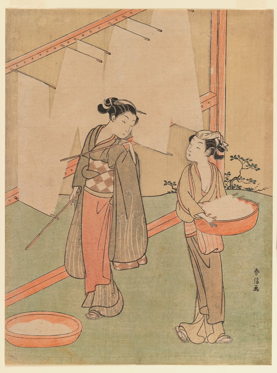 年轻的女孩和仆人干日本细面，c.1766（彩色木版画） 作者 铃木春信