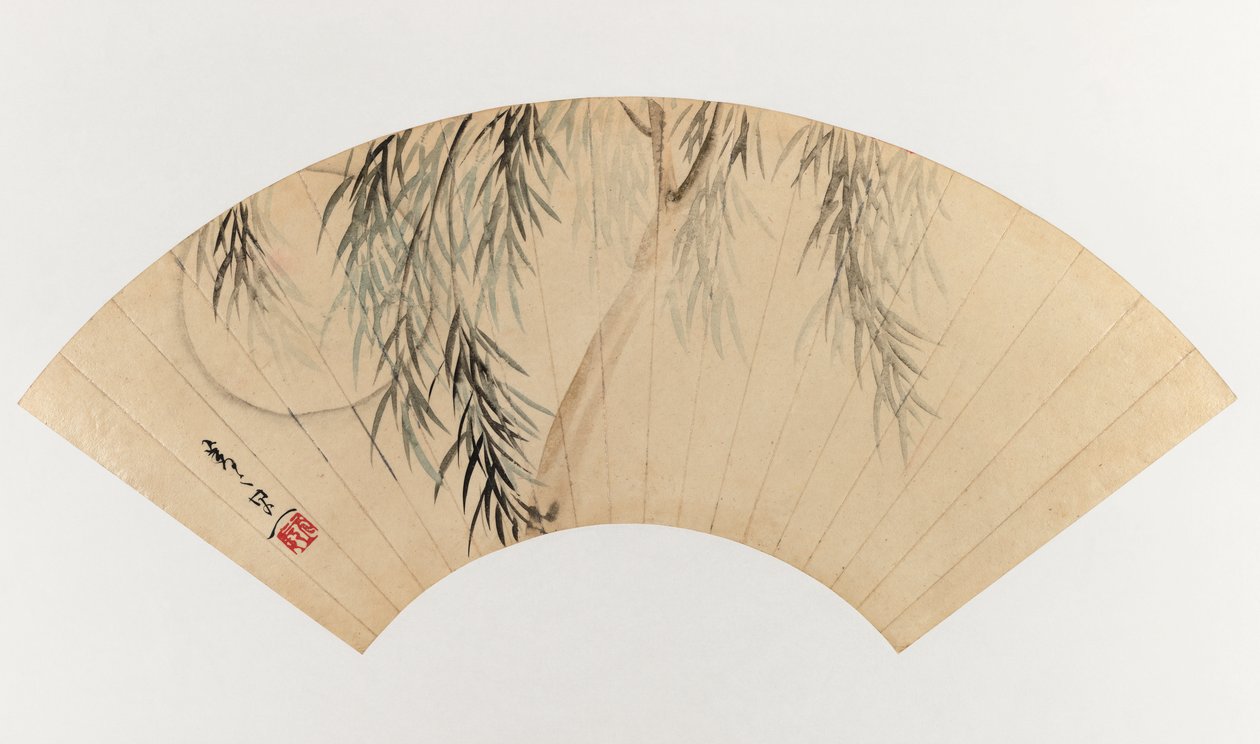 柳树和月亮（粉丝画）（纸上的粉丝画，墨水和浅色） 作者 铃木纪津