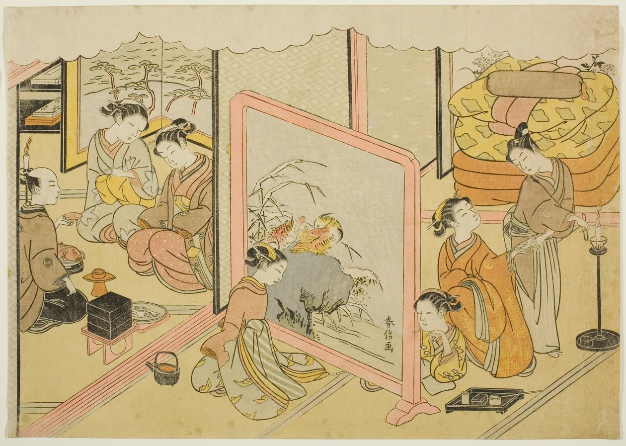 睡前一杯清酒（Toko sakazuki），"织锦版画中的婚姻，贤惠女子的马车（Konrei nishiki misao-guruma）"系列第六张 作者 铃木春信