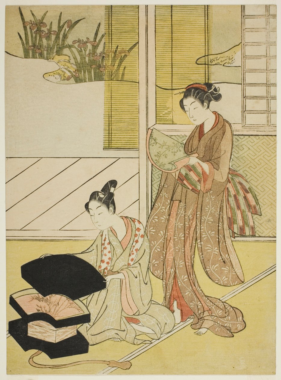 向年轻女子展示商品的扇子小贩 作者 铃木春信
