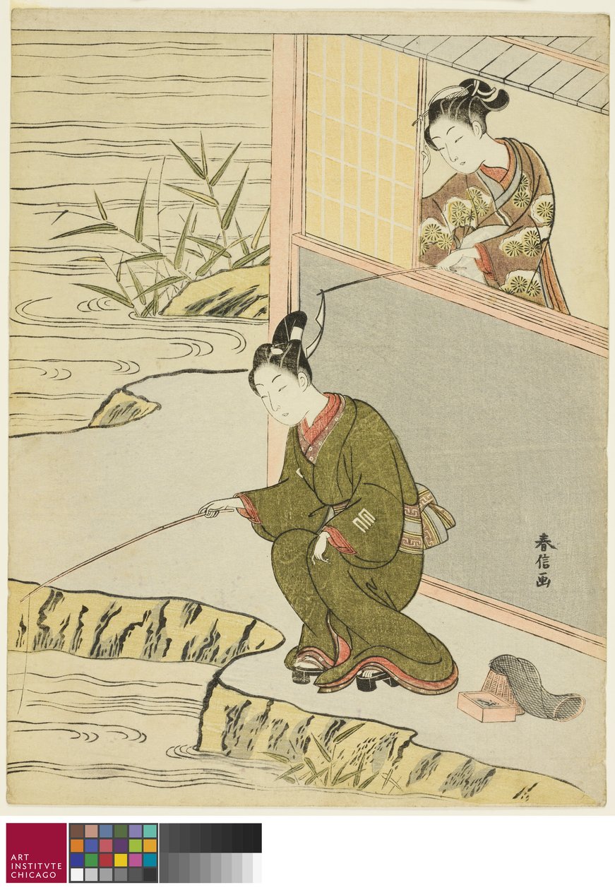 取笑一个年轻人钓鱼的美女，c。 1768 作者 铃木春信