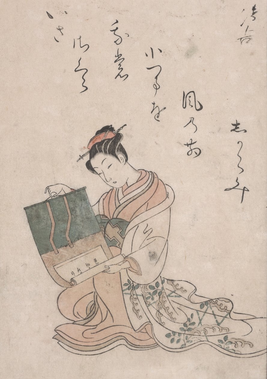 美女展开卷轴，约1770年（日本纸上的彩色木刻） 作者 铃木春信