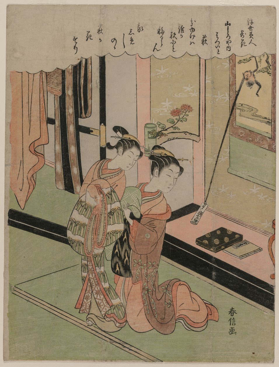 1760年代后期的《浮华与花卉相比》系列丛书中的布什三叶草。 作者 铃木春信
