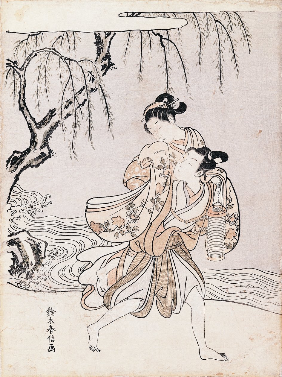 河岸上的夫妇，铃木春信（1725-1770），水墨和色彩，日本，日本文明，江户时代 作者 铃木春信