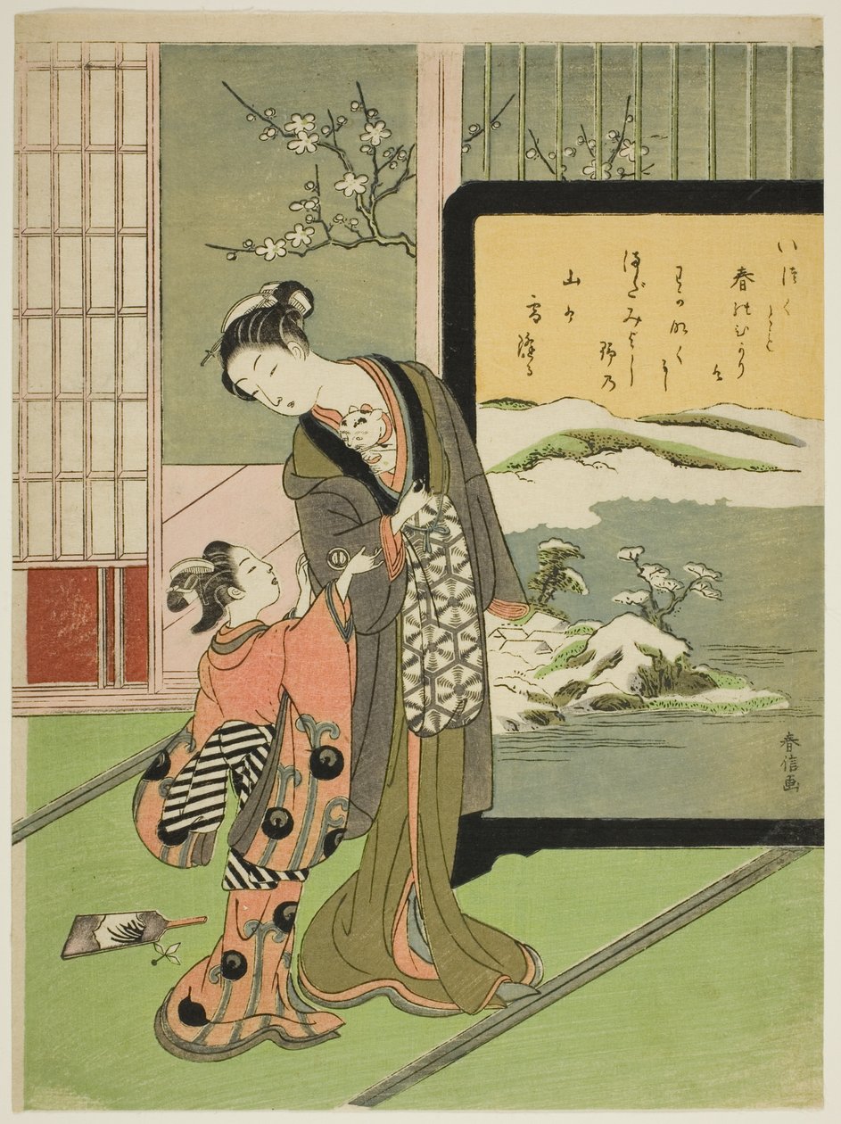 玩猫的歌妓和她的儿童随从 作者 铃木春信