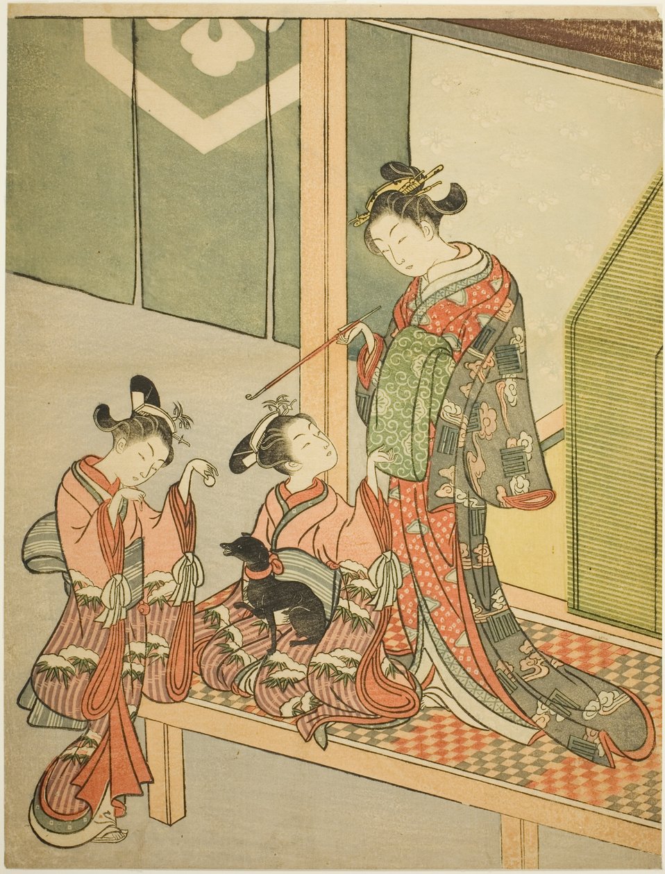 歌妓和两名随从与狗玩耍 作者 铃木春信