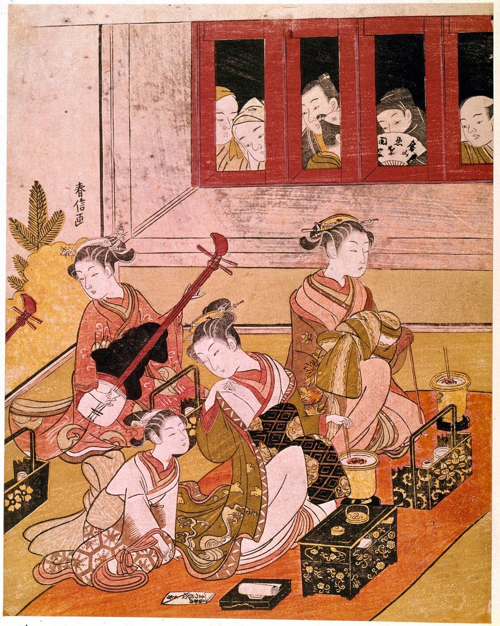 妓女演奏的音乐暴露在窥淫癖者的眼中 铃木春信（Haronobu Suzuki，1725-1770 年）的日本版画。 约 1769 年 暗淡。 0,27x0,21 米。 巴黎，吉美博物馆，亚洲艺术国家博物馆 作者 铃木春信