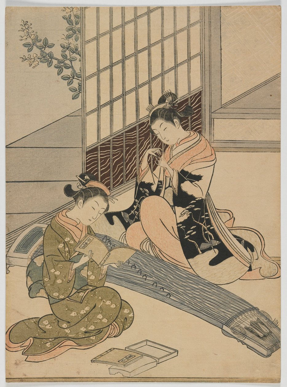江户时代的古筝降鹅，c.1766（彩色木版画） 作者 铃木春信