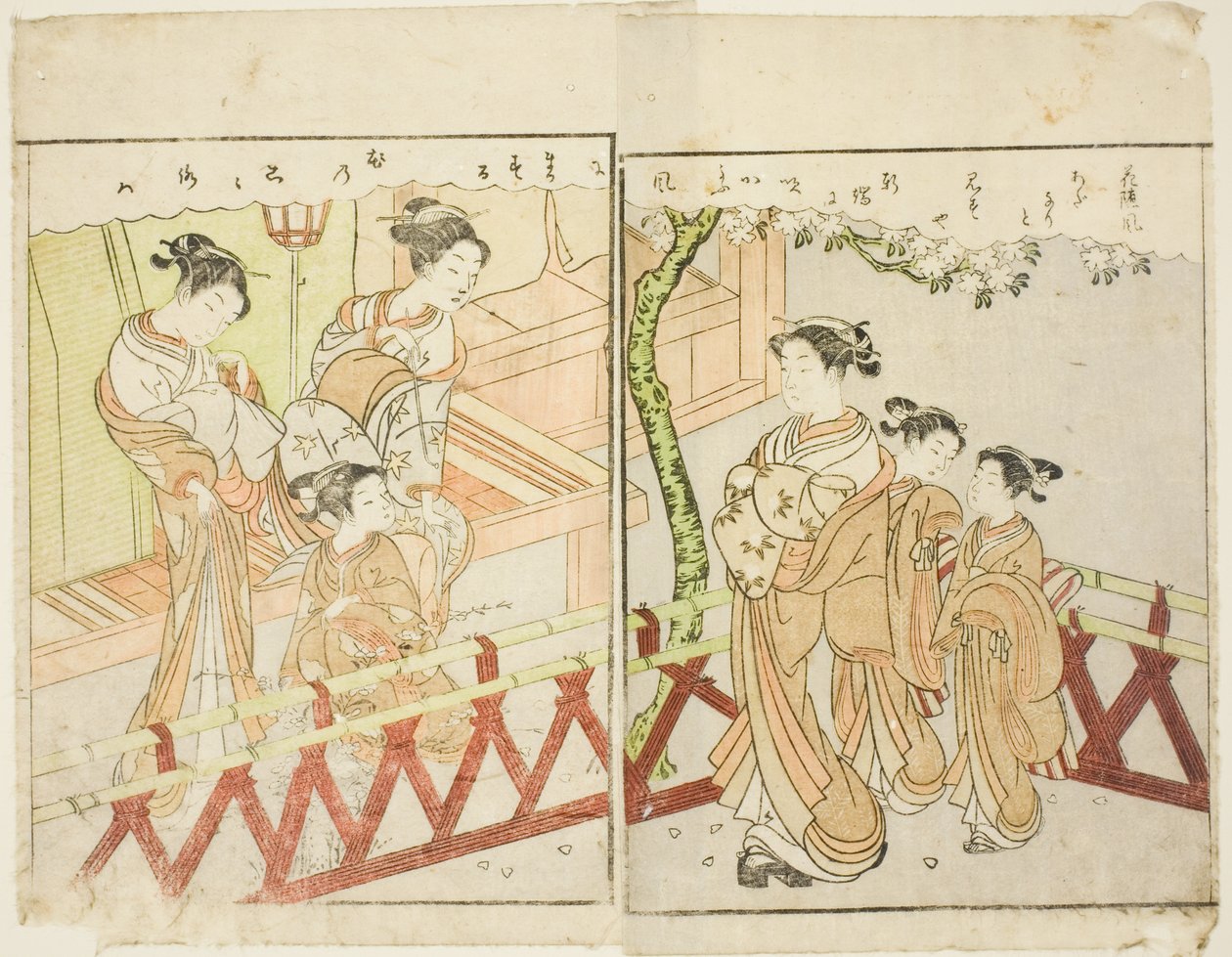 双页插图，选自 "春锦图画书（Ehon haru no nishiki）"第 2 卷 作者 铃木春信