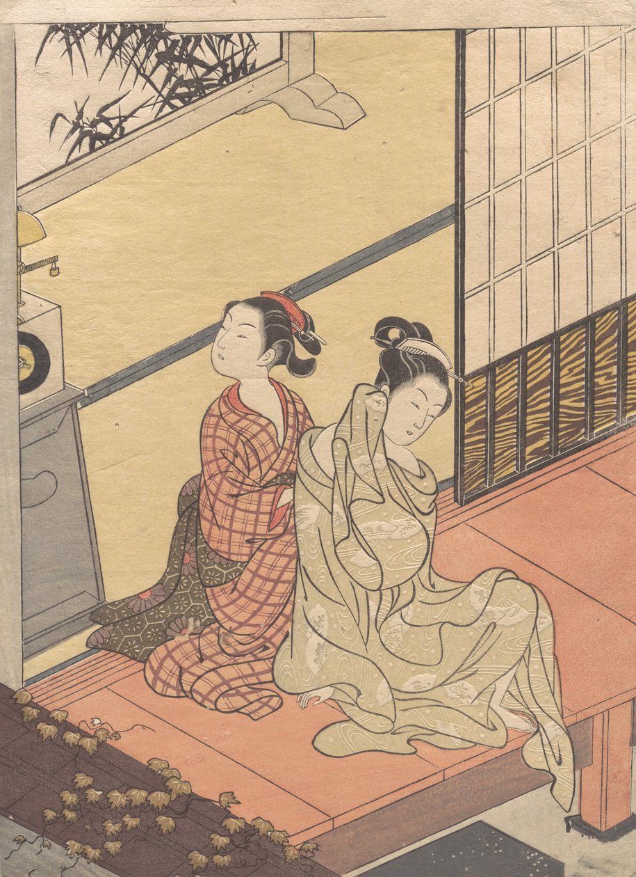 傍晚时分的钟声 Tokei no bansho，来自 "八大客厅景观 "系列 Za...，约1766年。 作者 铃木春信