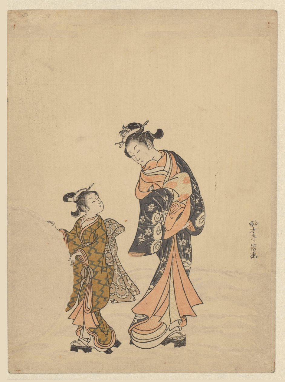 滚雪球的年轻女子和女孩 作者 铃木春信