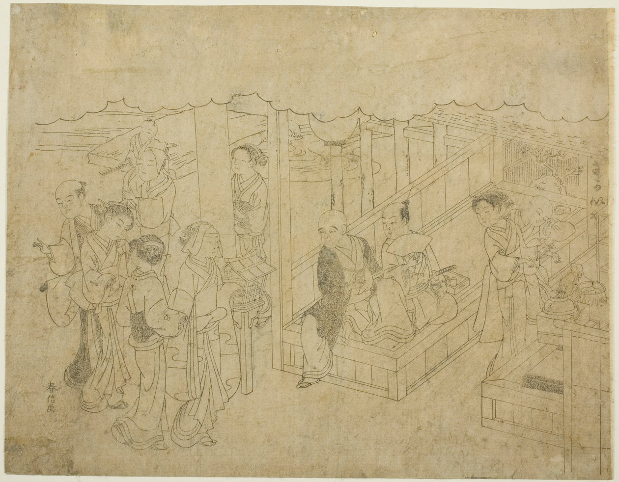 锦绣版画中的婚姻，贤良淑德的妇女的马车（Konrei nishiki misao-guruma）"系列的第一张纸《引子》（Miai）的关键块印花布 作者 铃木春信