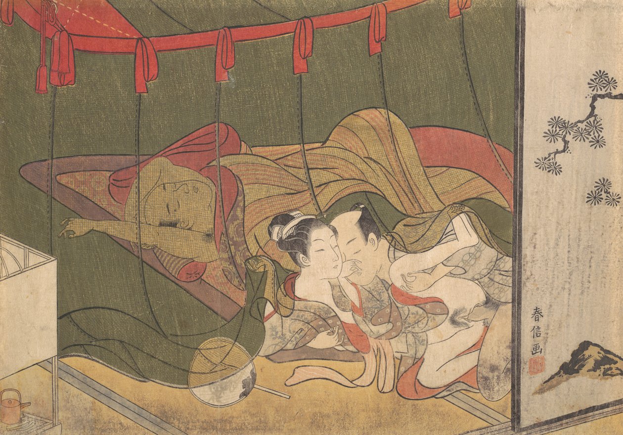Lovers Beneath a Mosquito Net, 18th century., 18世纪。 作者 铃木春信