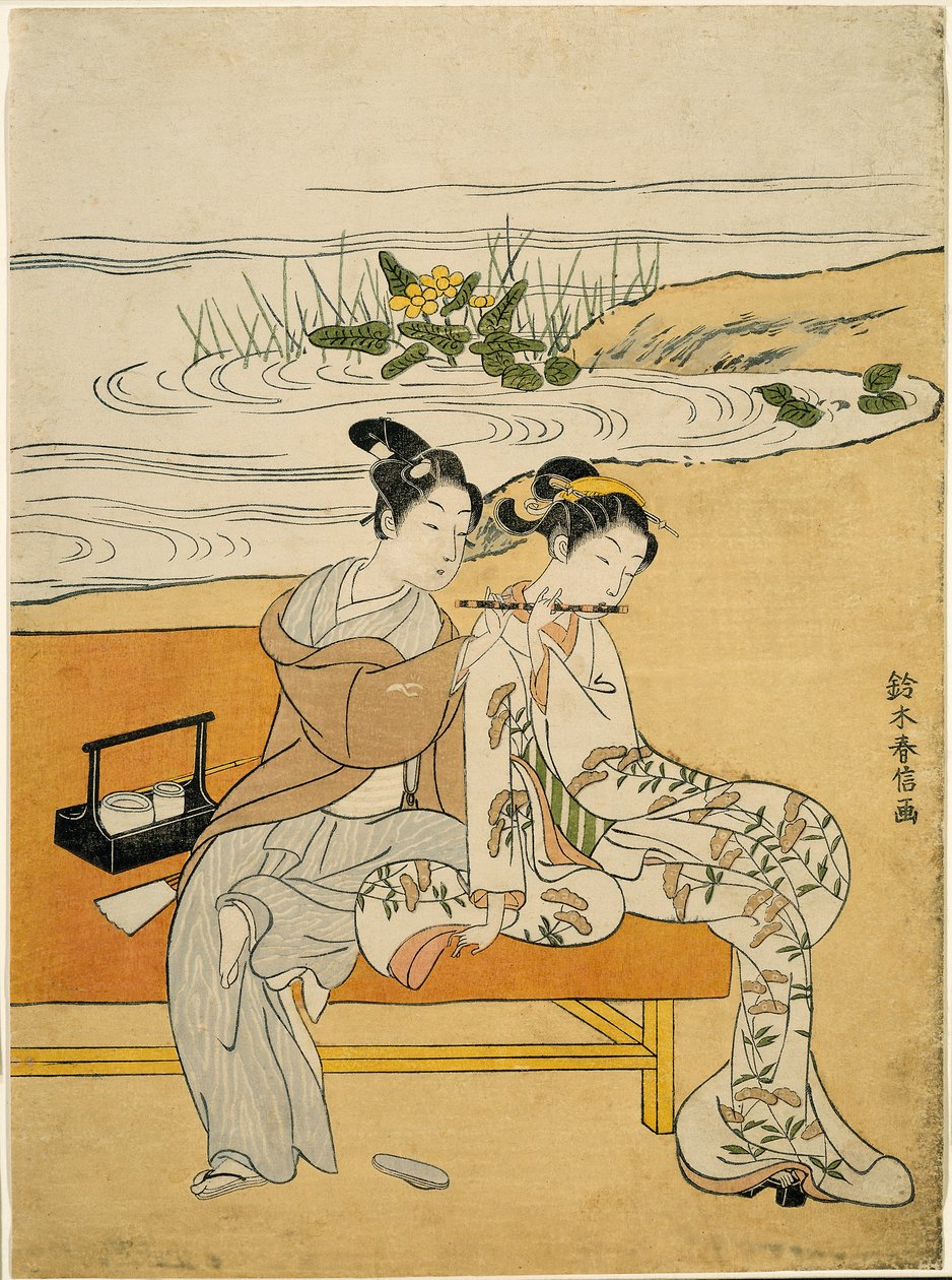 情侣同弹一曲（模仿玄宗和杨贵妃），约 1767 年（彩色木刻版画；丘本） 作者 铃木春信