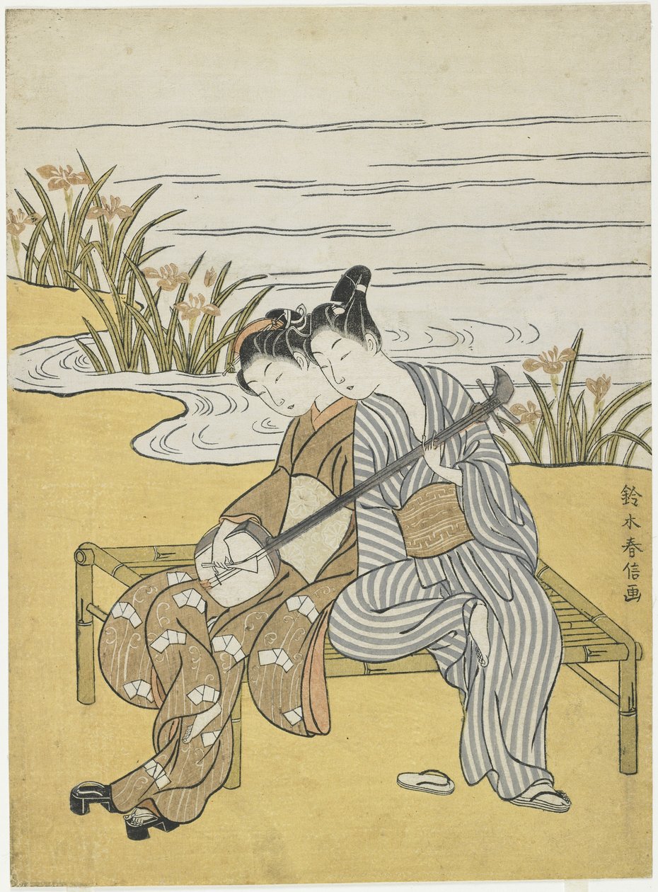 扮演玄宗和杨贵妃冥冥的恋人同样是三弦琴，c。 1767 作者 铃木春信