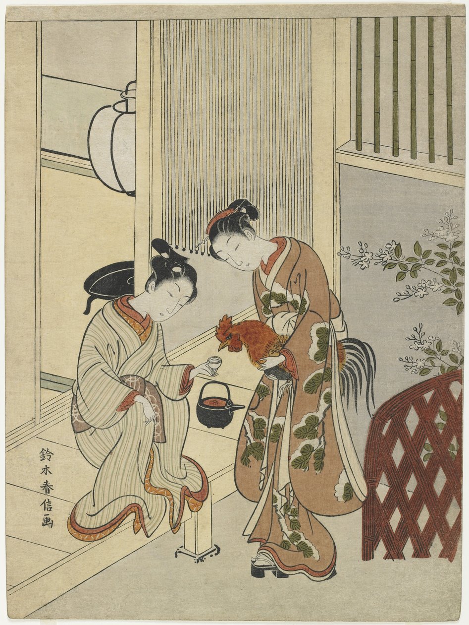 恋人和公鸡一起吃鸡蛋，c。 1767 作者 铃木春信