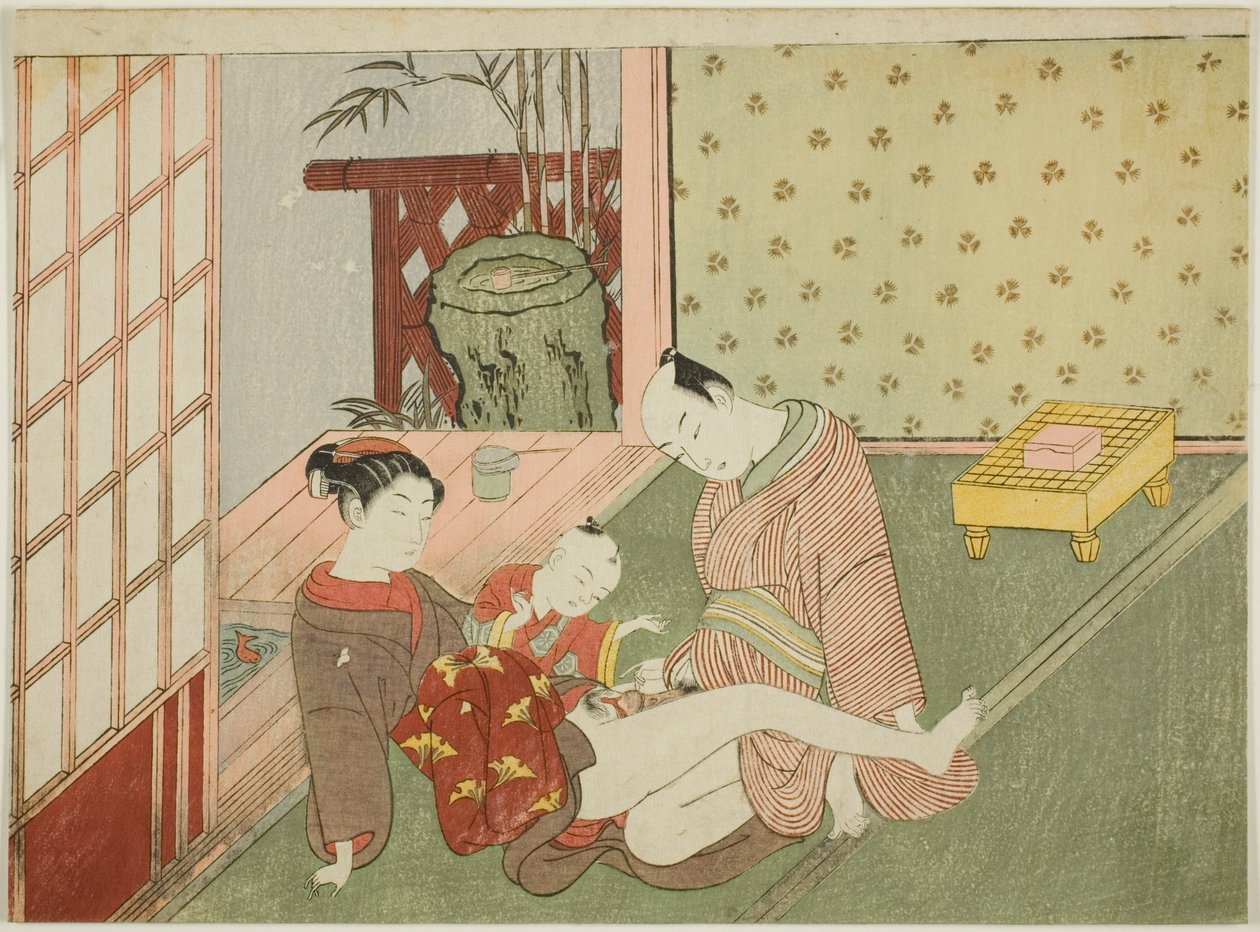 恋人和年轻的随从在旁观看，选自无标题情色版画系列 作者 铃木春信