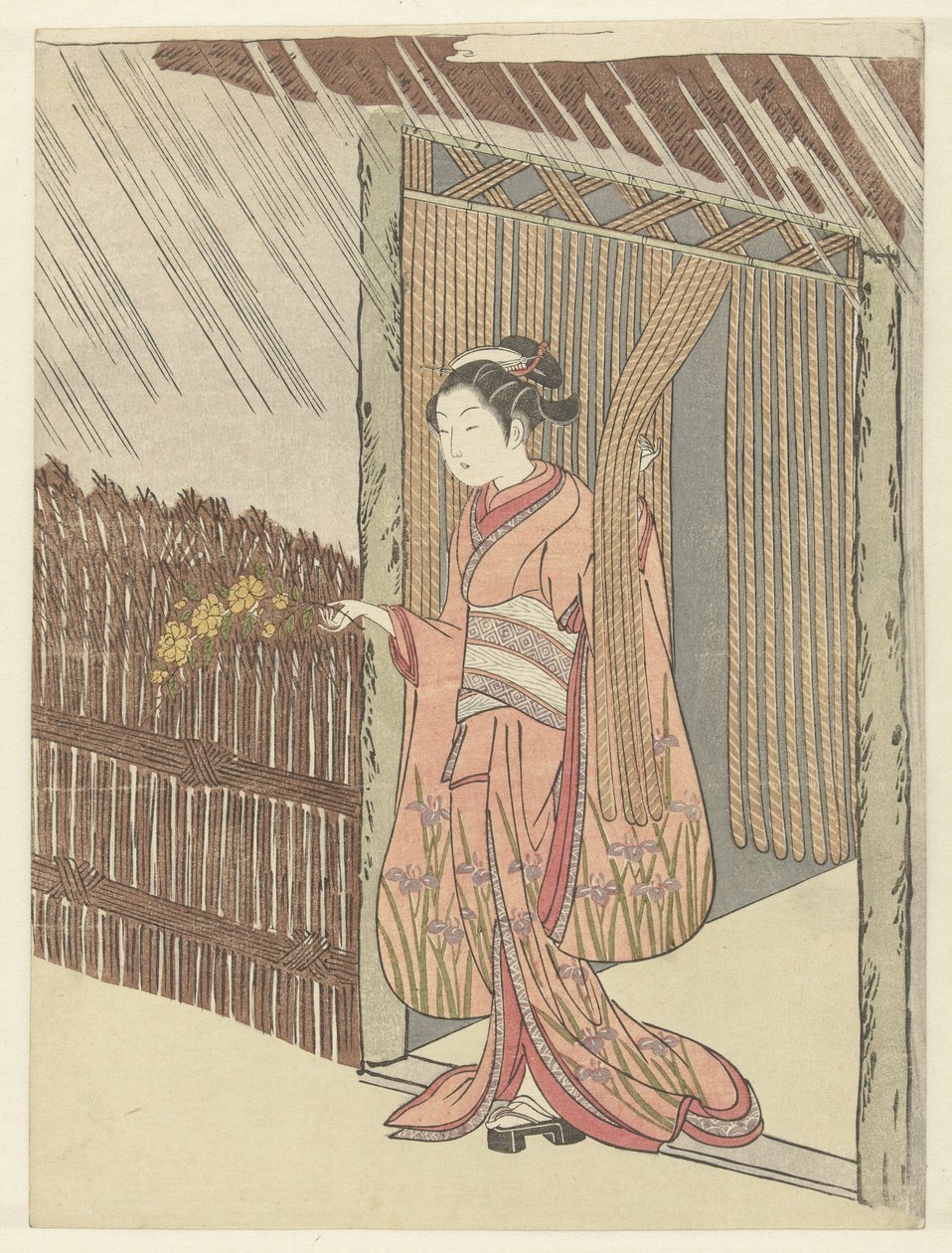 手里拿着山吹树枝的女孩 作者 铃木春信