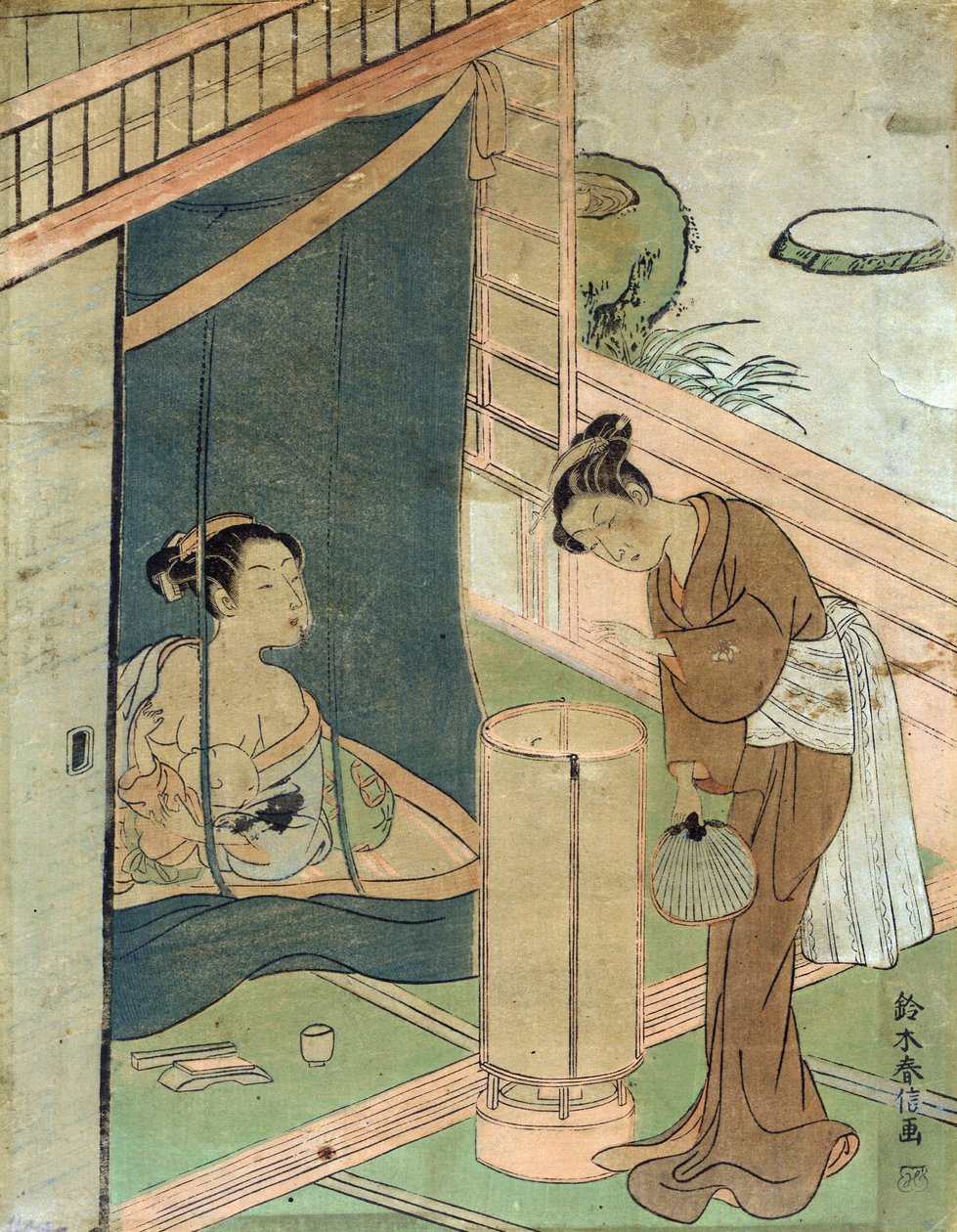 蚊帐后面的母亲和孩子，由日本浮世绘风格木版画艺术家 Harunobu Suzuki 设计。 作者 铃木春信