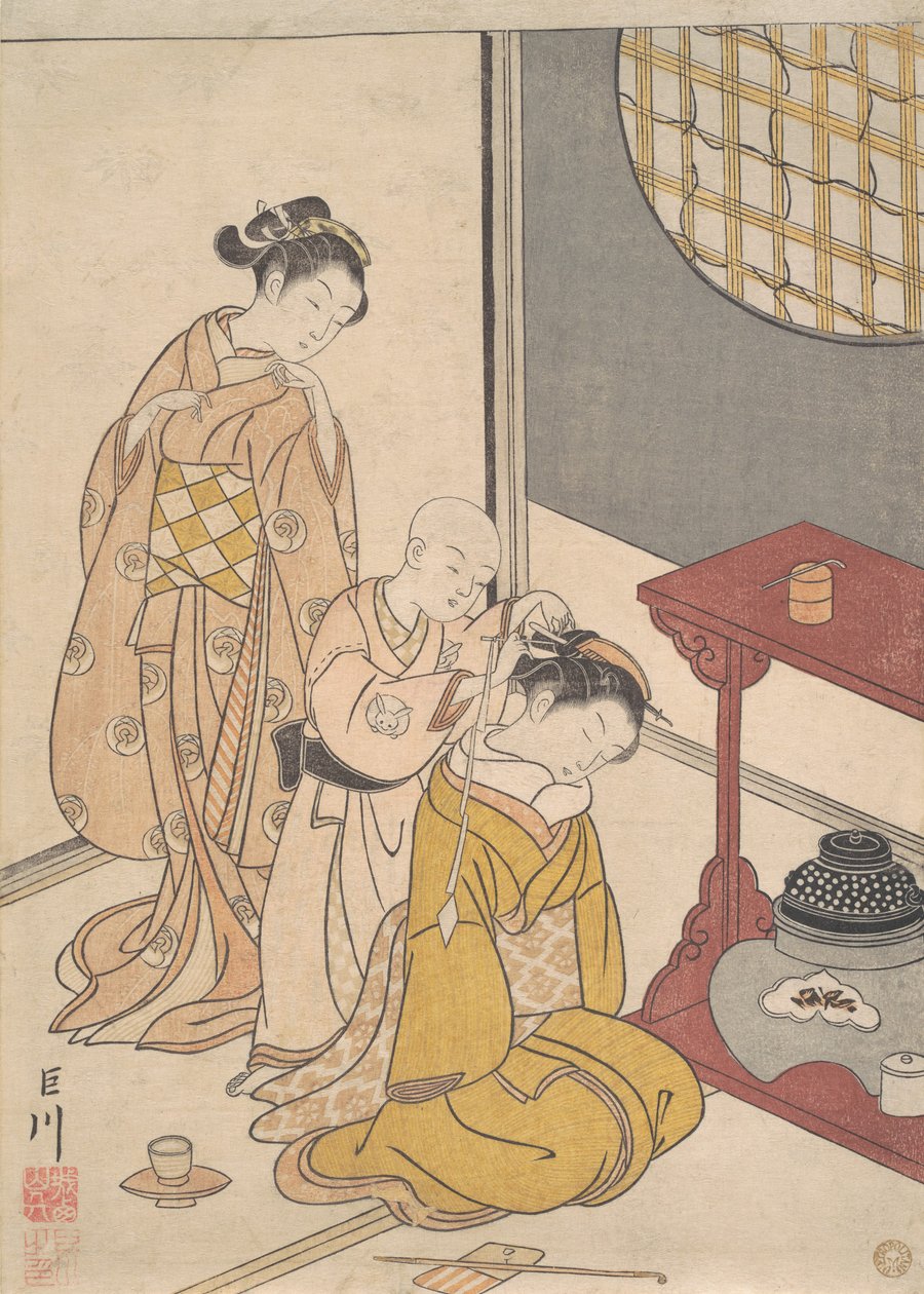 双层货架上的夜雨，c.1766（木版画） 作者 铃木春信