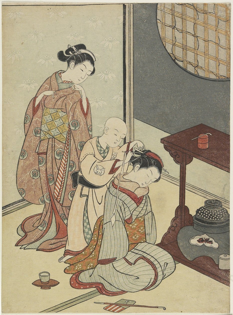 1766年后茶架上的夜雨（彩色木版画） 作者 铃木春信