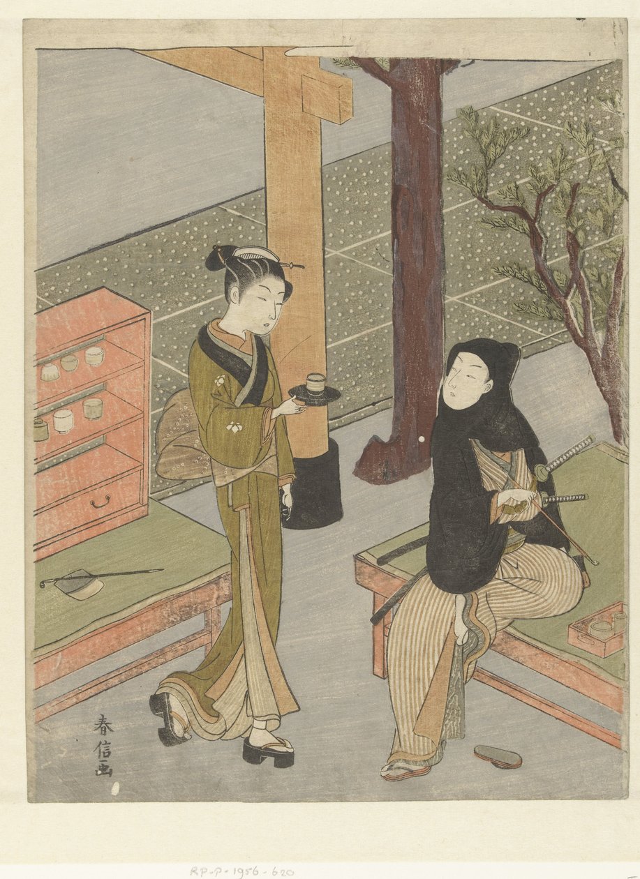 Osen 在笠盛神社附近的茶摊上为顾客奉茶。 作者 铃木春信