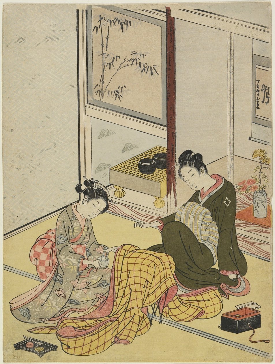 穿着长袍作为四个优雅的逍遥时光，1767秋季（彩色木版画） 作者 铃木春信