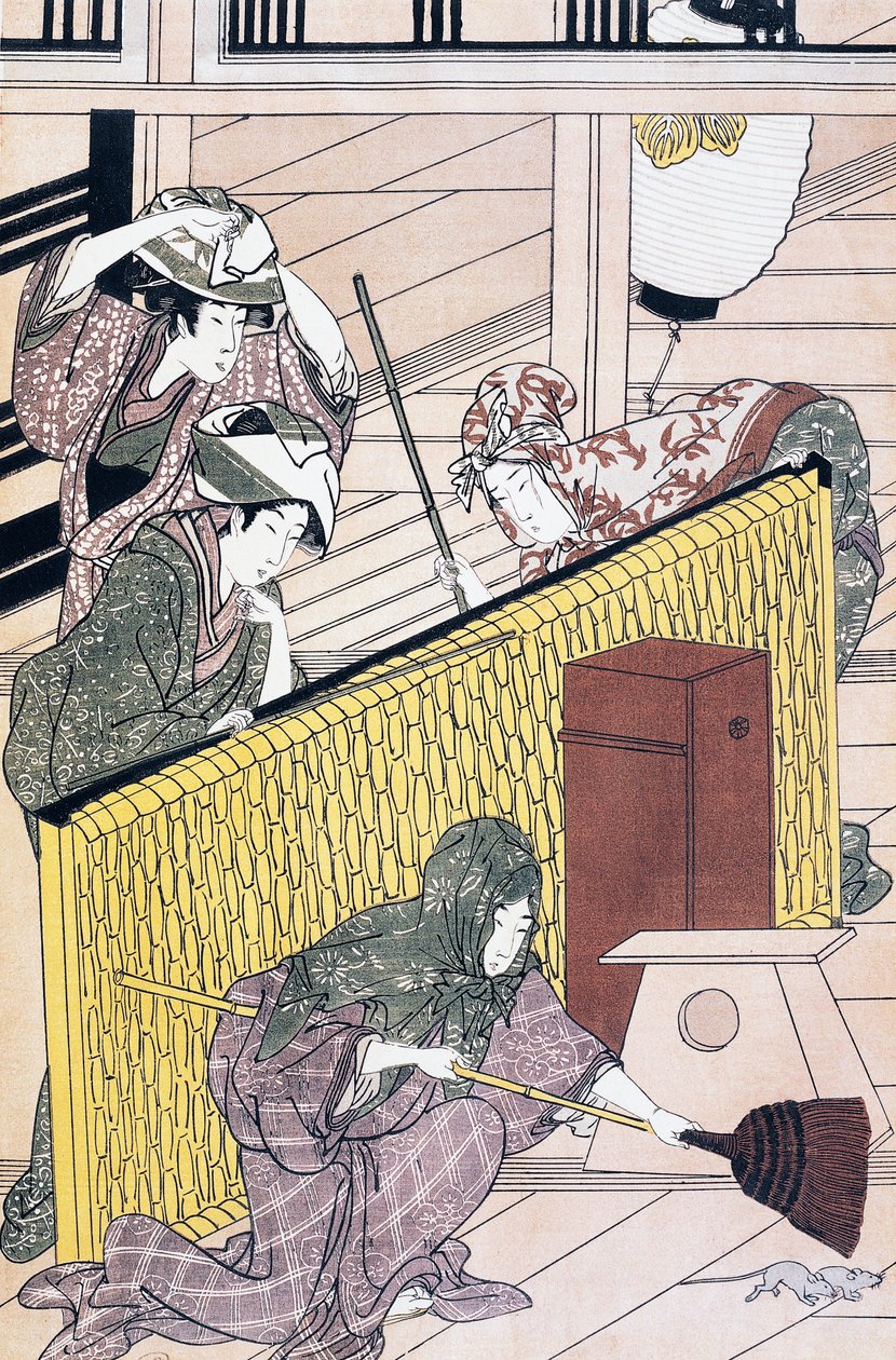 仆人在屋内追赶老鼠，铃木春信（1725-1770）的浮世绘艺术版画，木刻，日本文明，江户时代 作者 铃木春信