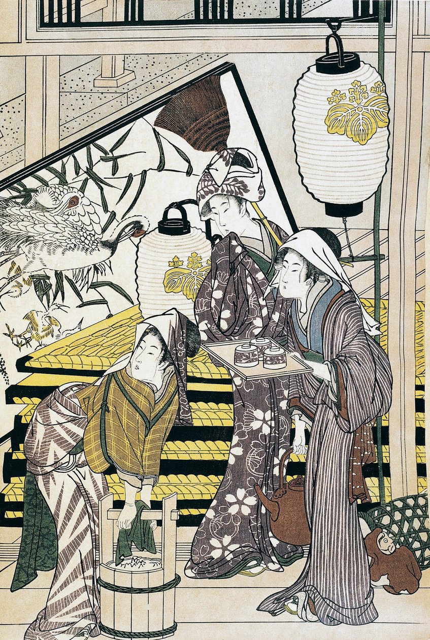 仆人在家中劳作，铃木春信（1725-1770）的浮世绘艺术版画，木刻，日本文明，江户时代 作者 铃木春信