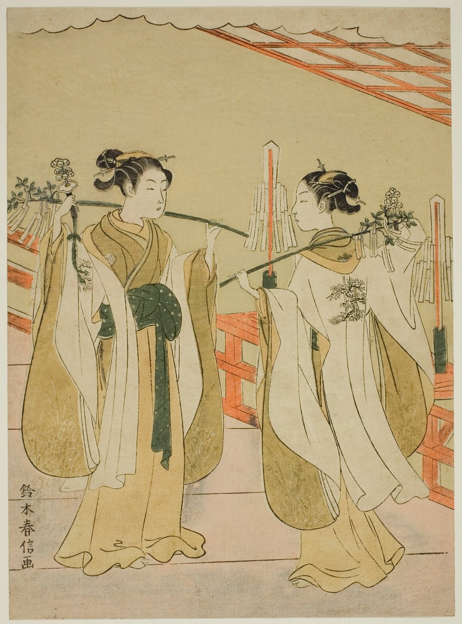 在汤岛天神神社跳舞的神社少女大南和大夏 作者 铃木春信