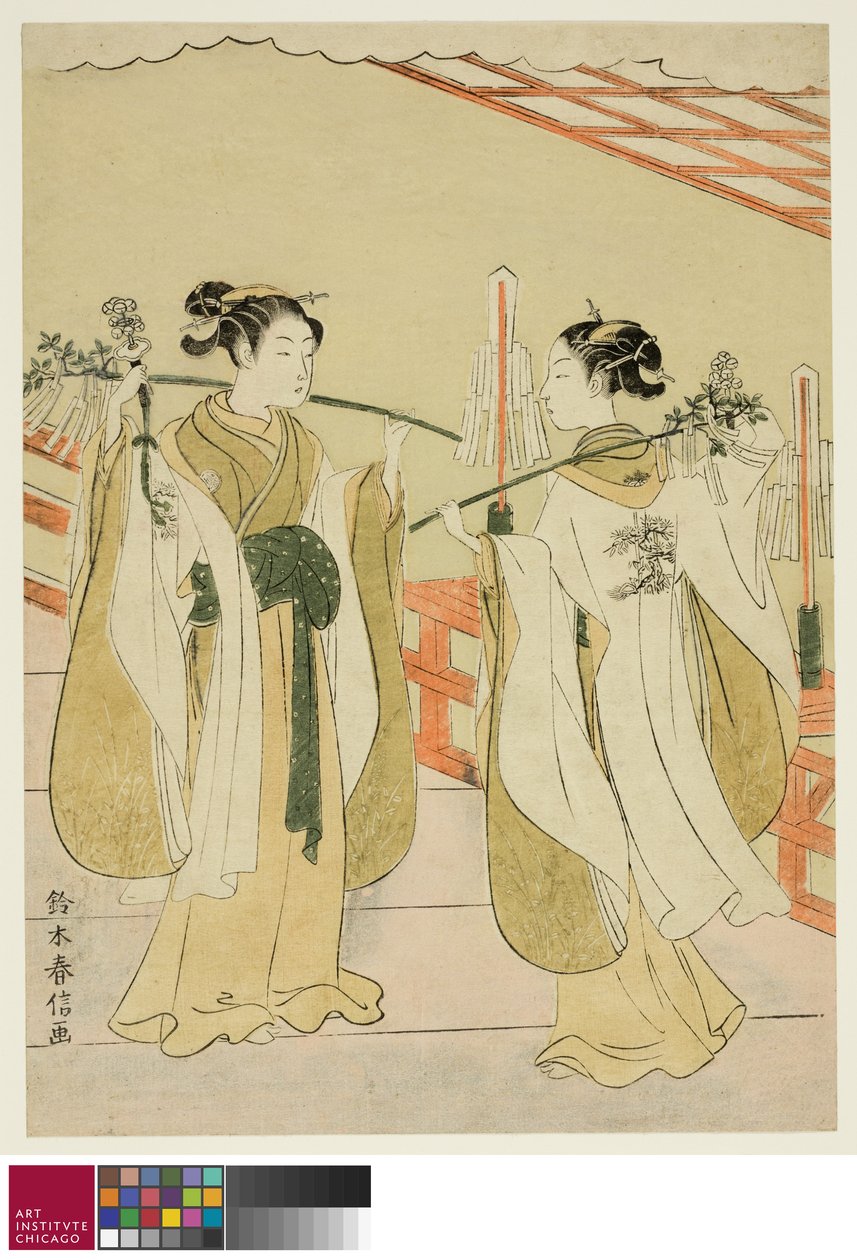 1769年在汤岛天神神社里的神社少女热波和大津跳舞 作者 铃木春信