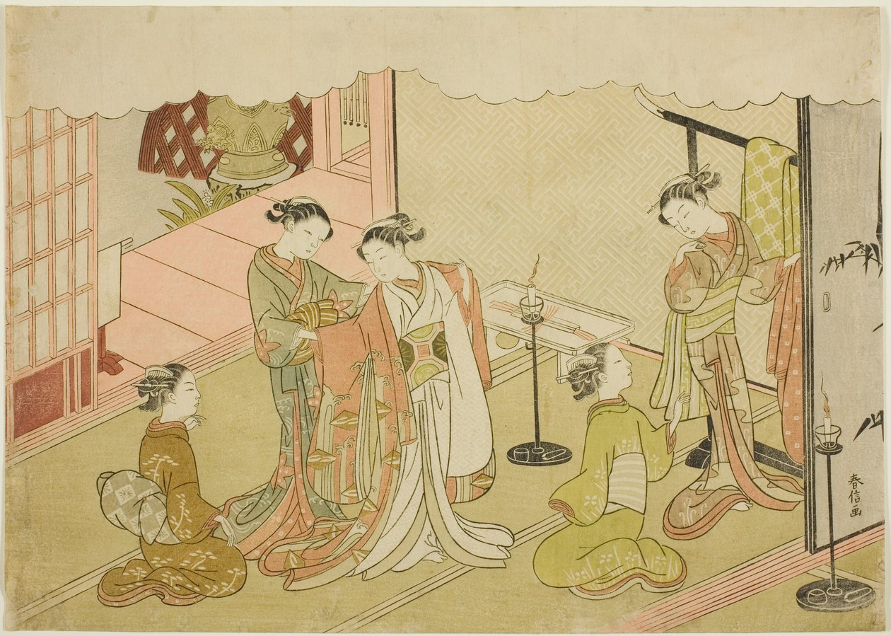 新娘更衣》（Iro-naoshi），"织锦版画中的婚姻，贤淑女子的马车（Konrei nishiki misao-guruma）"系列第五张 作者 铃木春信