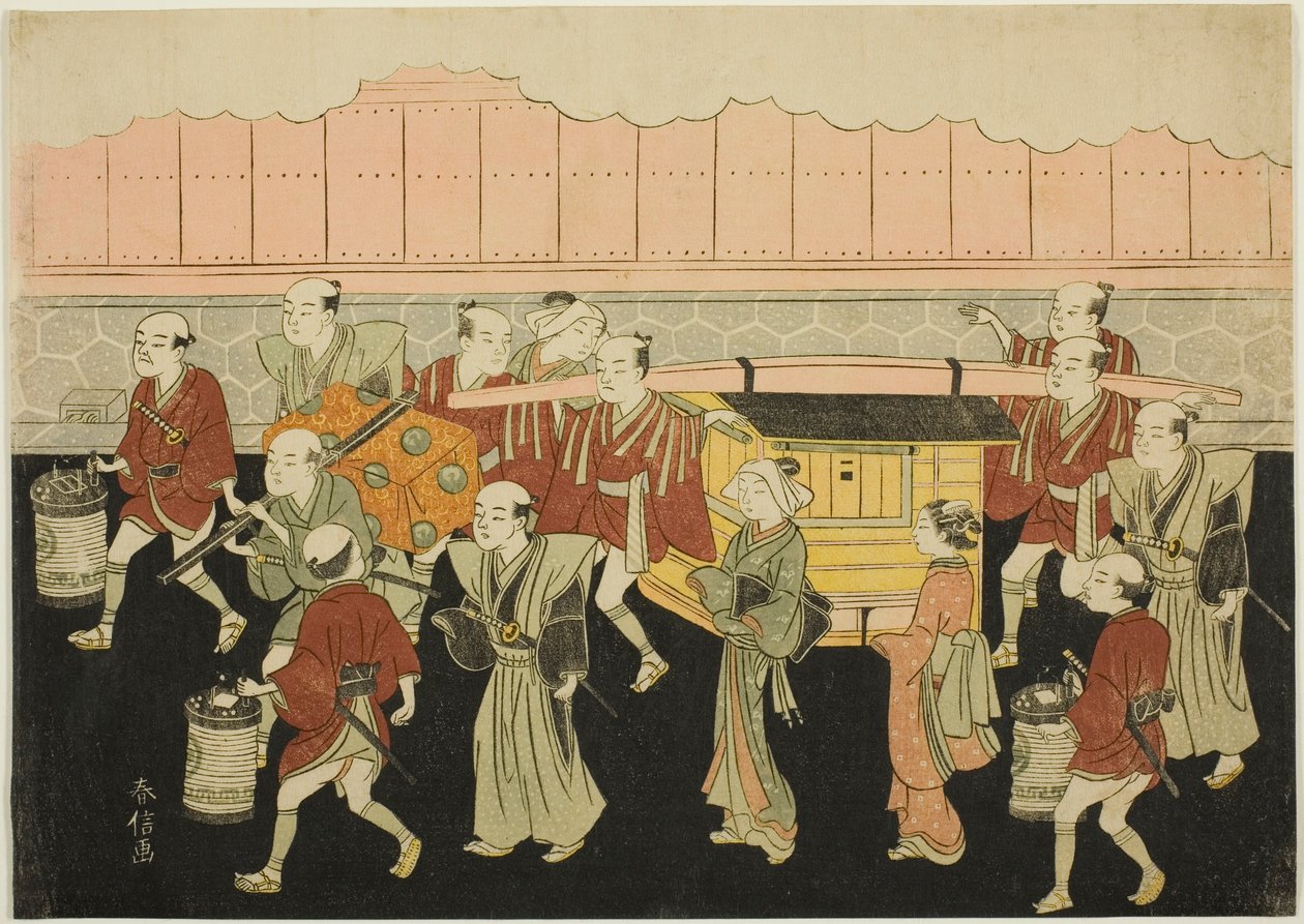 新娘坐轿嫁夫》（Koshiiri），"织锦版画中的婚姻，贤惠女子的马车（Konrei nishiki misao-guruma）"系列第三张 作者 铃木春信