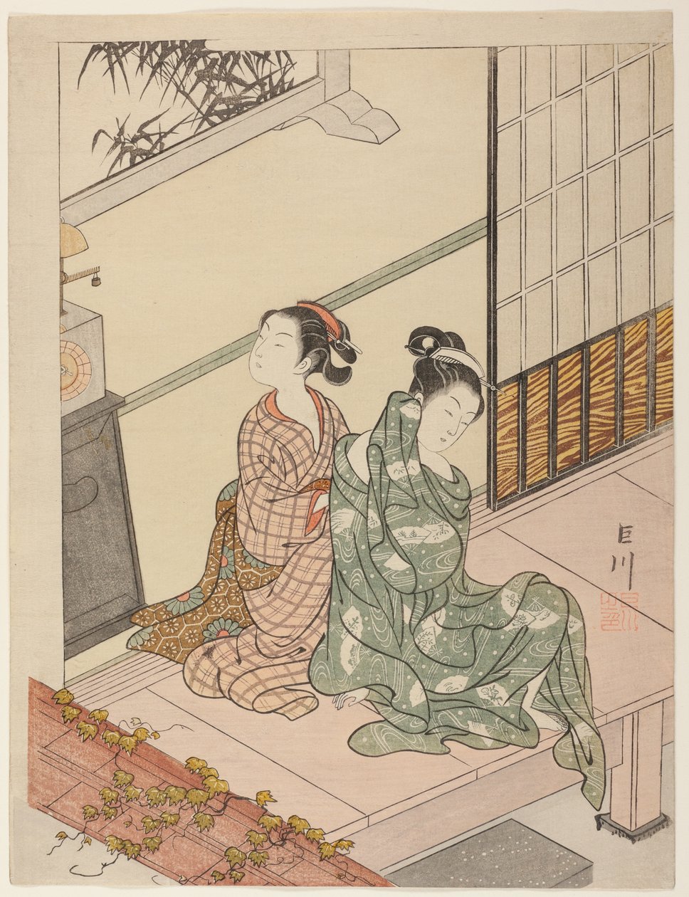时钟的晚钟（Tokei no bansho），选自 "客厅八景（Zashiki hakkei）"系列 作者 铃木春信