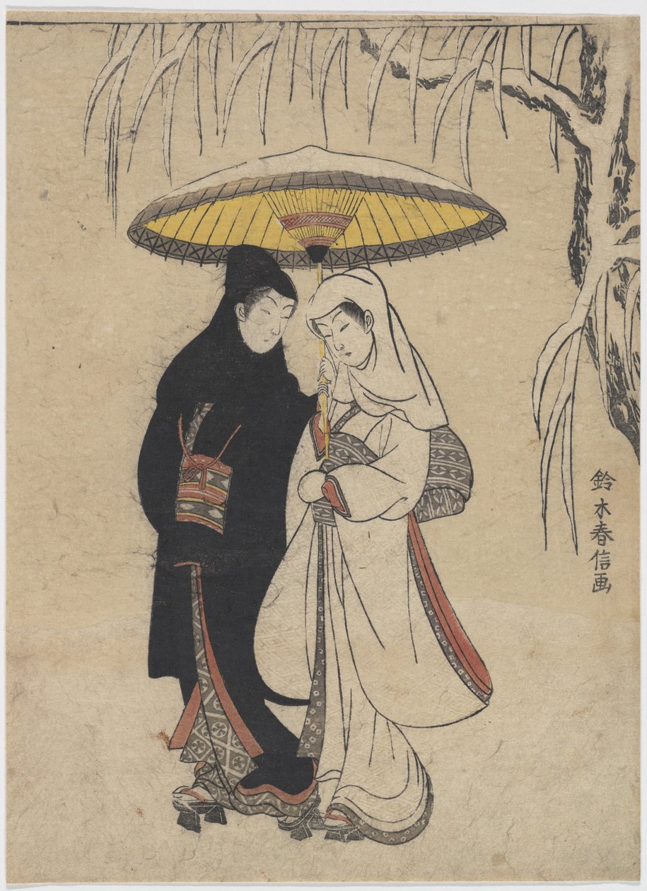 The Oriental Arts : Young Lovers Walking Together under an Umbrella in a Snow Storm par Harunobu, Suzuki (1724-1770), ca 1769. Colour woodcut, 25,7x19,1. Private Collection 作者 铃木春信
