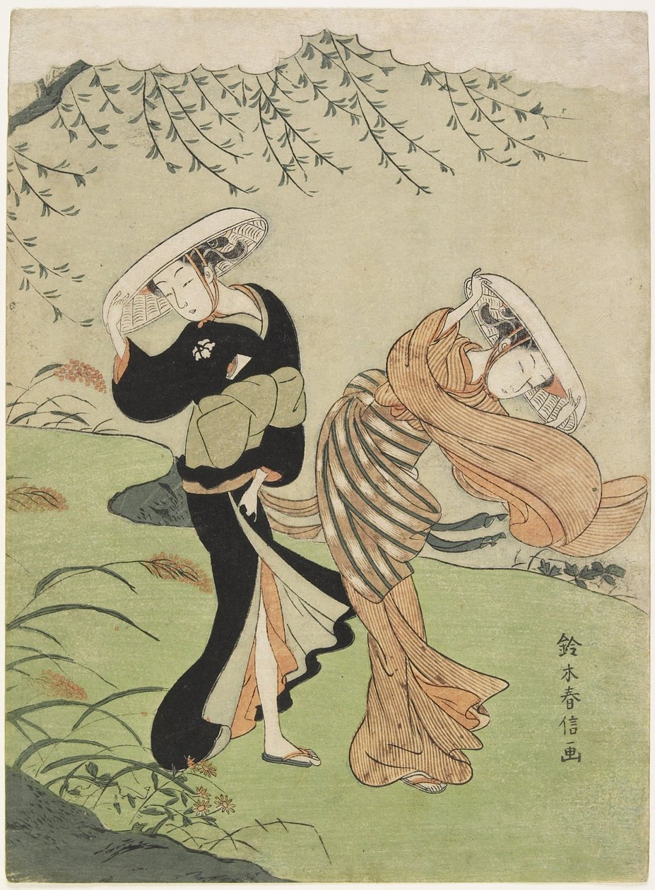 高风中的两个女人，c。 1767 作者 铃木春信