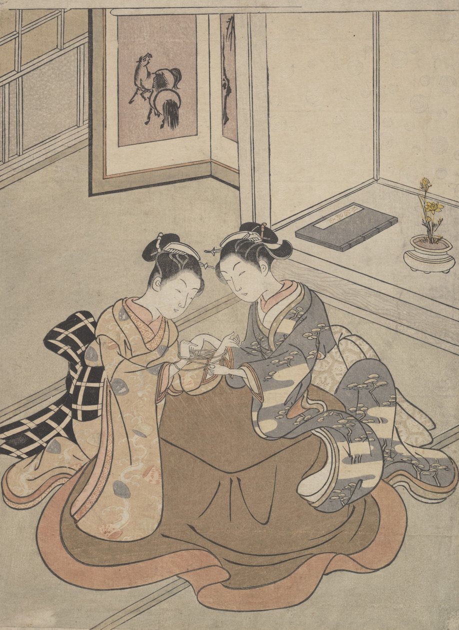 两个年轻女子坐在玩猫咪摇篮的小松旁边，约1765年，约1765年。 作者 铃木春信