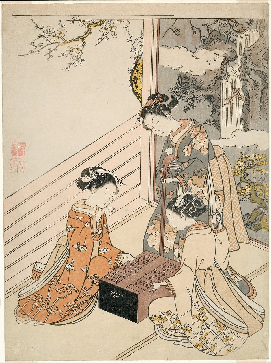 观看比赛，约 1766 年（彩色木刻版画；chuban，surimono） 作者 铃木春信