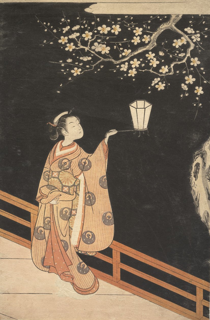 欣赏梅花的女人在夜里。 作者 铃木春信