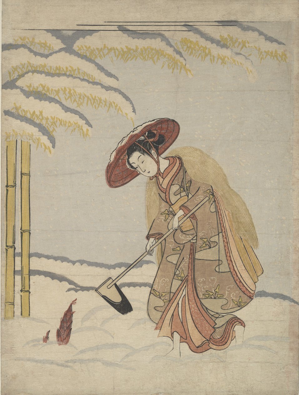 在雪地里挖竹笋的女人，或模仿孟宗摩梭，来自《二十世纪》，约1765年。 作者 铃木春信