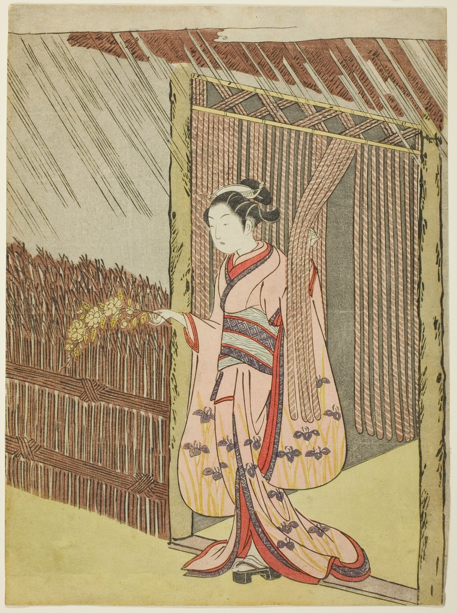 雨中手持棣棠花花枝的女子（模仿太田独蒜） 作者 铃木春信