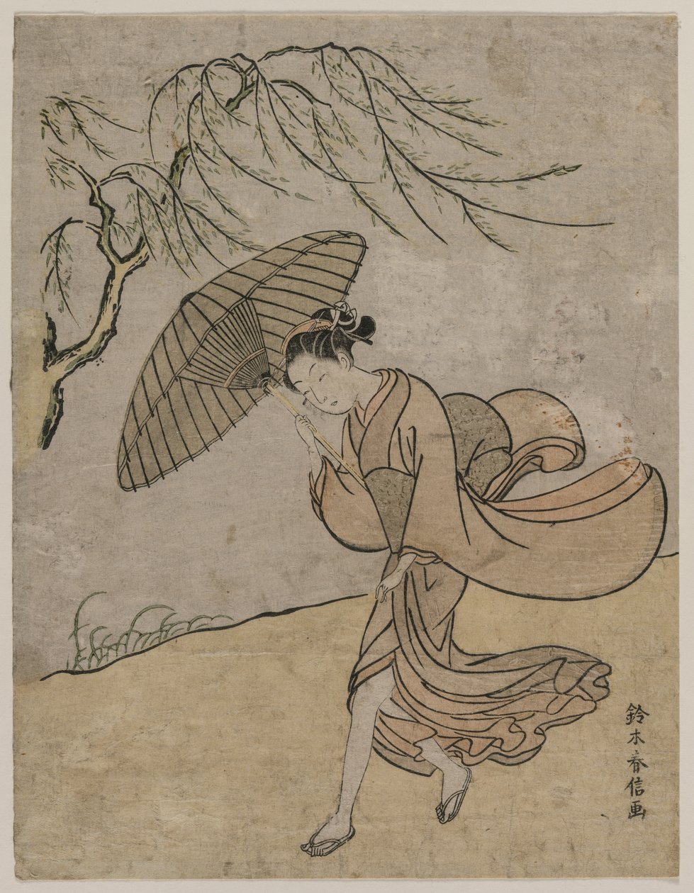 1766或1767年，微风中的柳树奔跑的女人。 作者 铃木春信