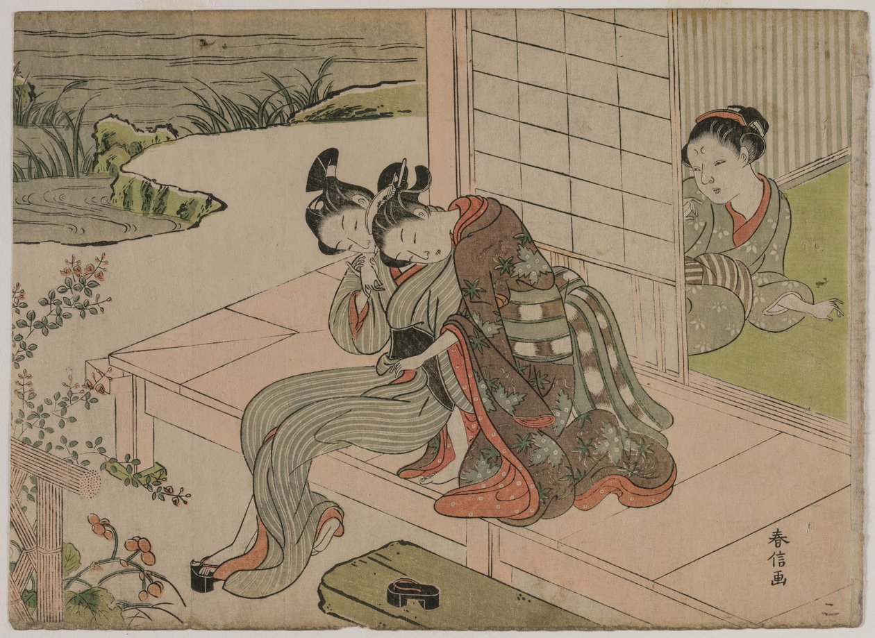 观看年轻夫妇的妇女在游廊，1760s后期拥抱。 作者 铃木春信