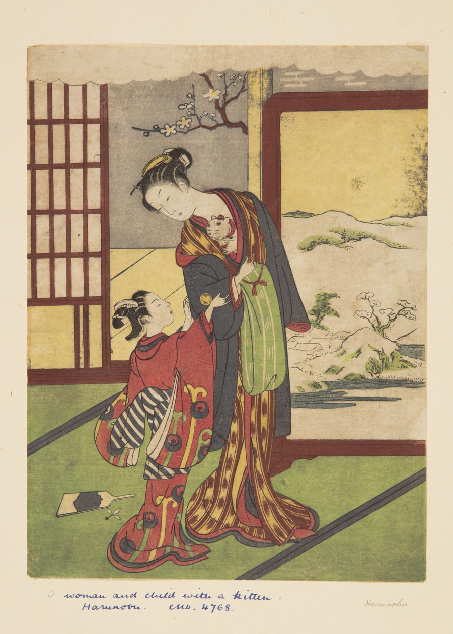 有小猫的女人和孩子（彩色木版画） 作者 铃木春信