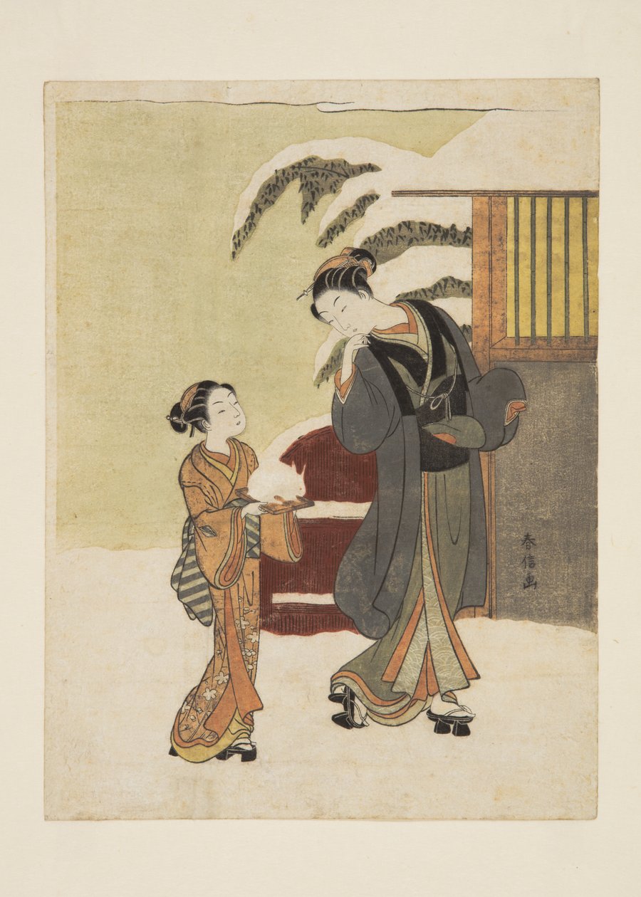 欣赏雪兔的年轻女子（彩色木版画） 作者 铃木春信