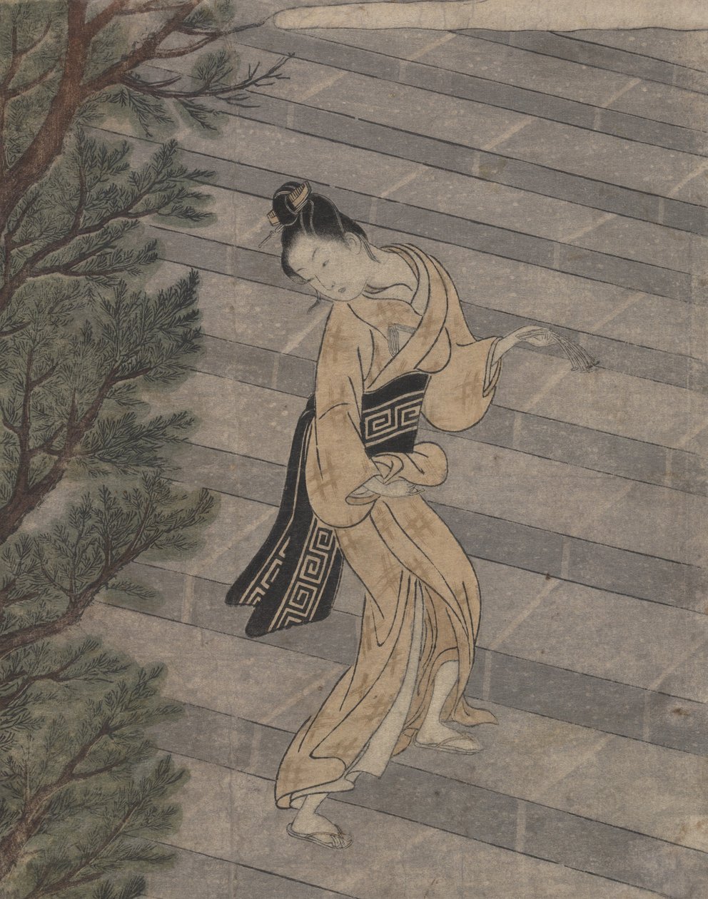 年轻女子攀岩石楼梯到神道教寺庙（木版画） 作者 铃木春信
