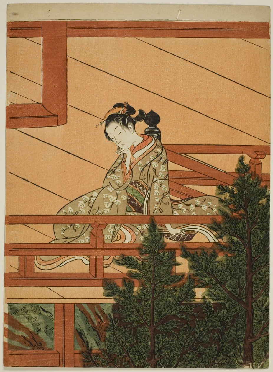 坐在清水寺阳台上的年轻女子 作者 铃木春信