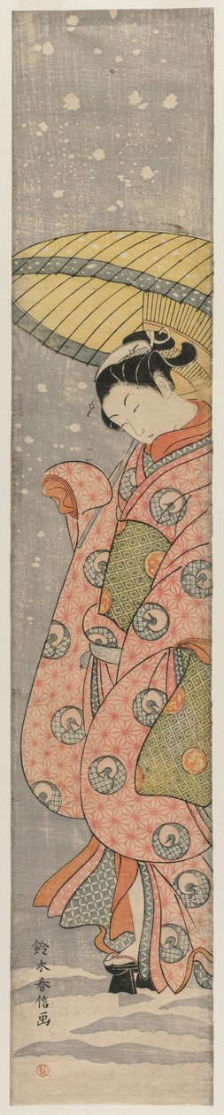 站立在雪的一把伞下的少妇，1767-1768。 作者 铃木春信